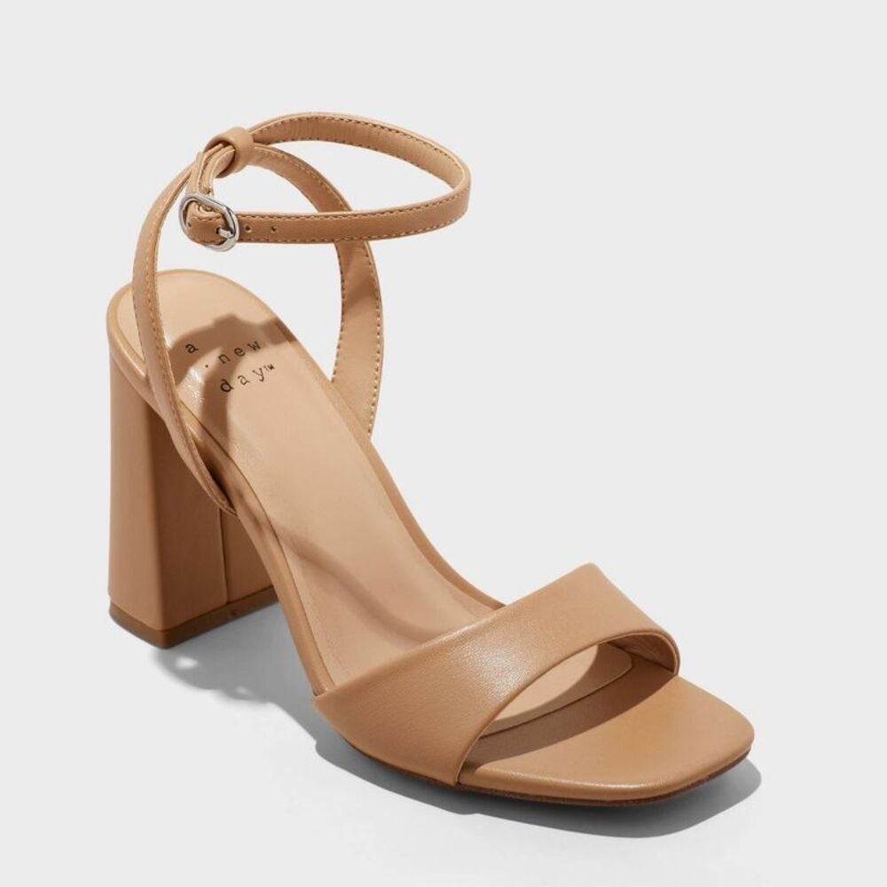 Women's Haley Ankle Strap Square Toe Flare Heels - Tan 11